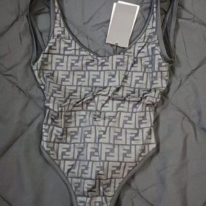 Fendi Gray Monogram One Piece Swimsuit